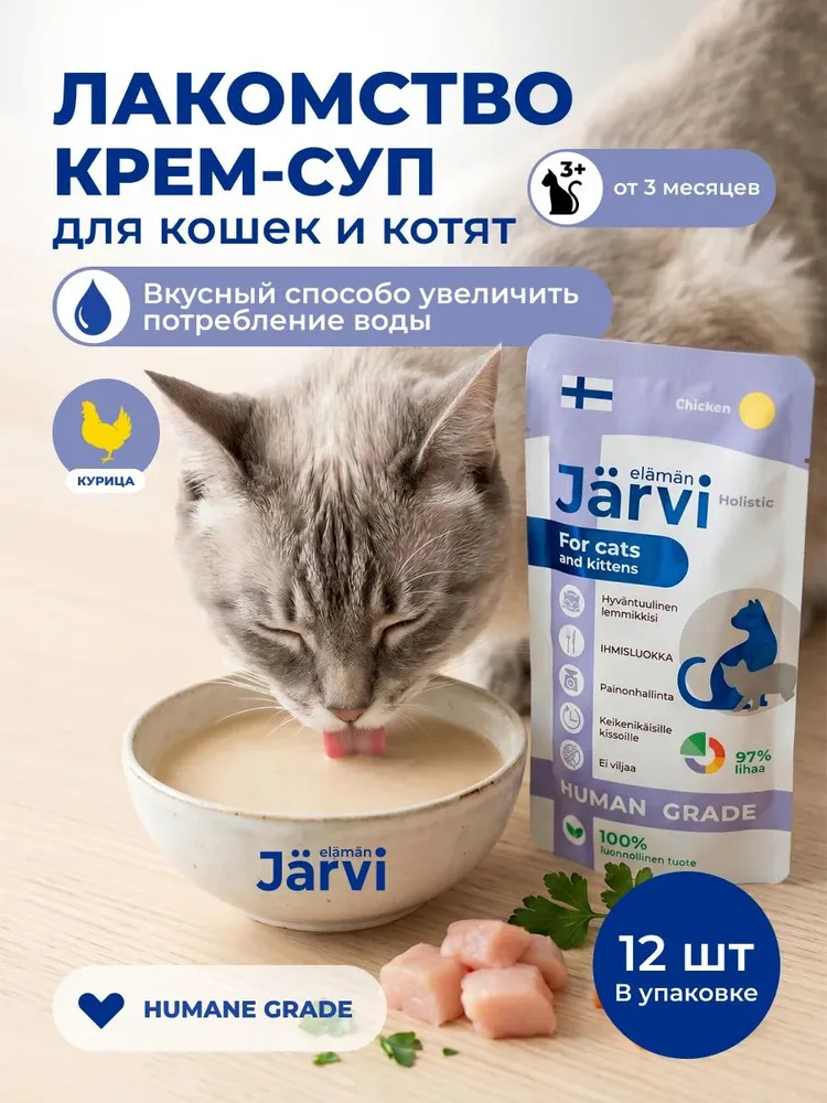 Лакомства Jarvi для кошек и котят "Крем-суп с филе курицы", 15 г х 12 шт.